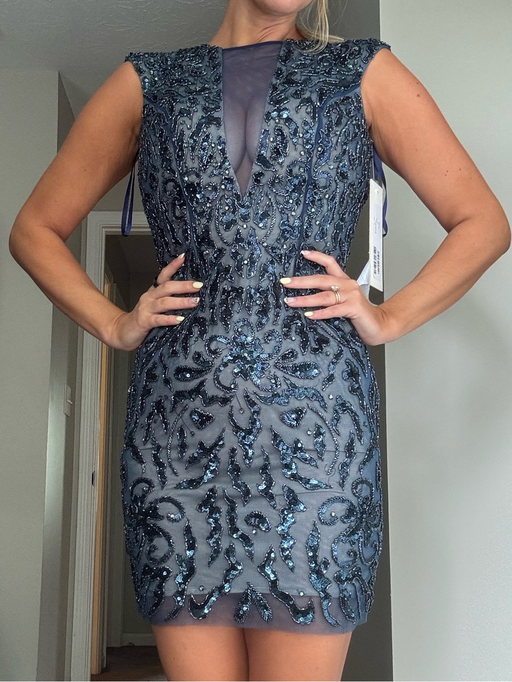 Jovani Navy Beaded Plunging Mini Dress